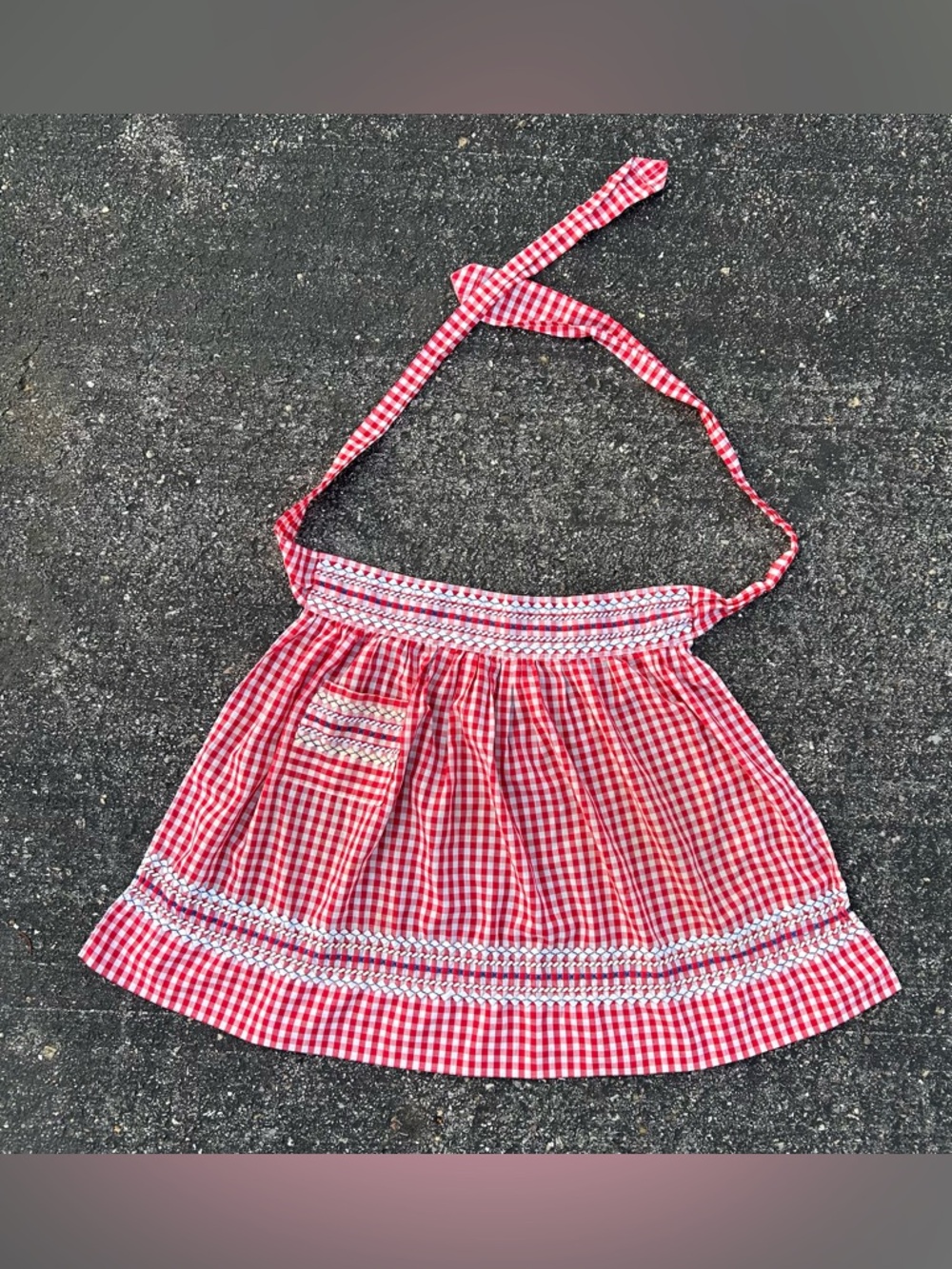 Vintage Handmade Checkerboard Apron Embroidered Pocket Plaid Red White Blue